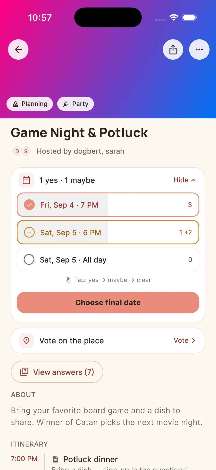 A Kintra plan with an open date poll and a Choose final date button
